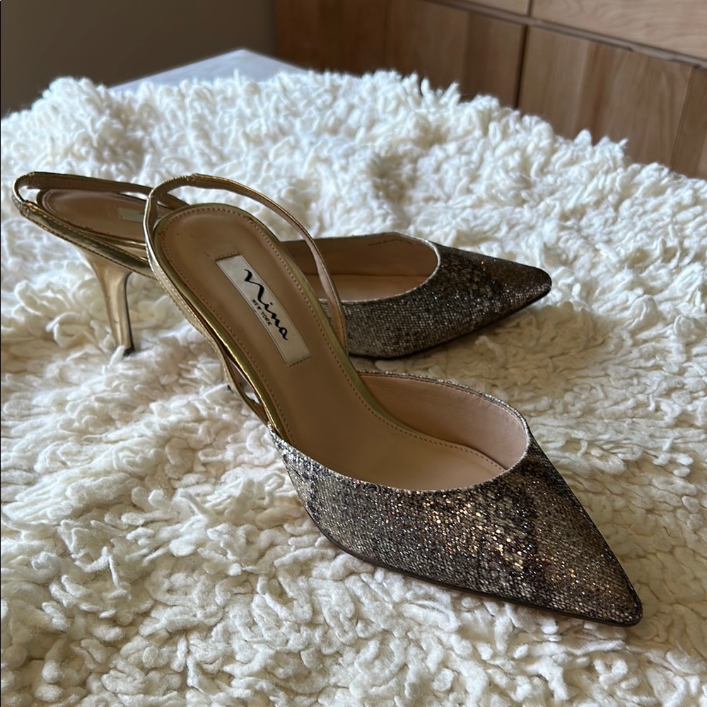 Nina Gold Heels Sparkly Kitten Slingbacks